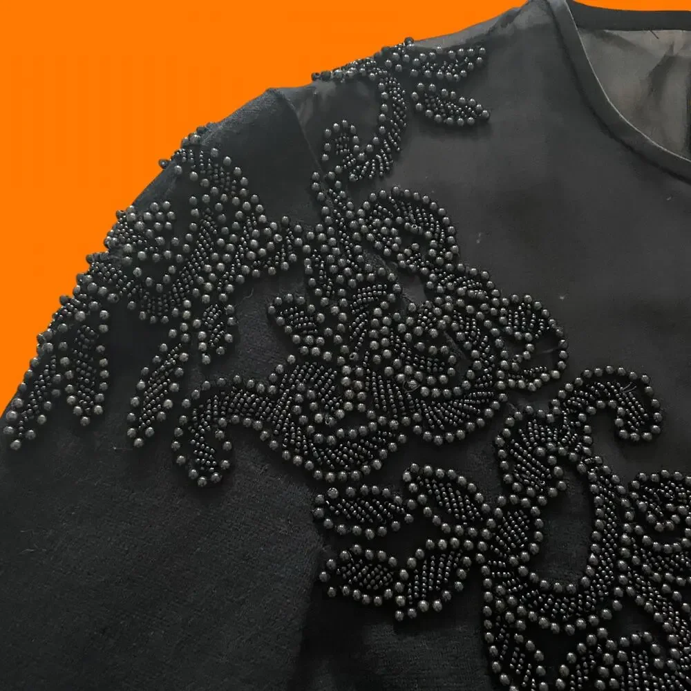 90's vintage black wool blend high neck mesh beaded bodycon mini dress SMALL - Picture 5 of 7